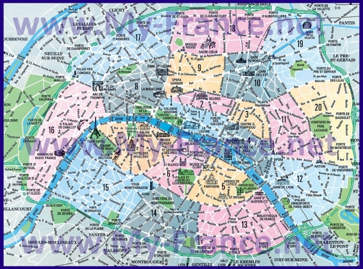 Округа Парижа на карте с достопримечательностями