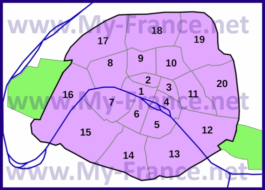 Схема расположения округов Парижа