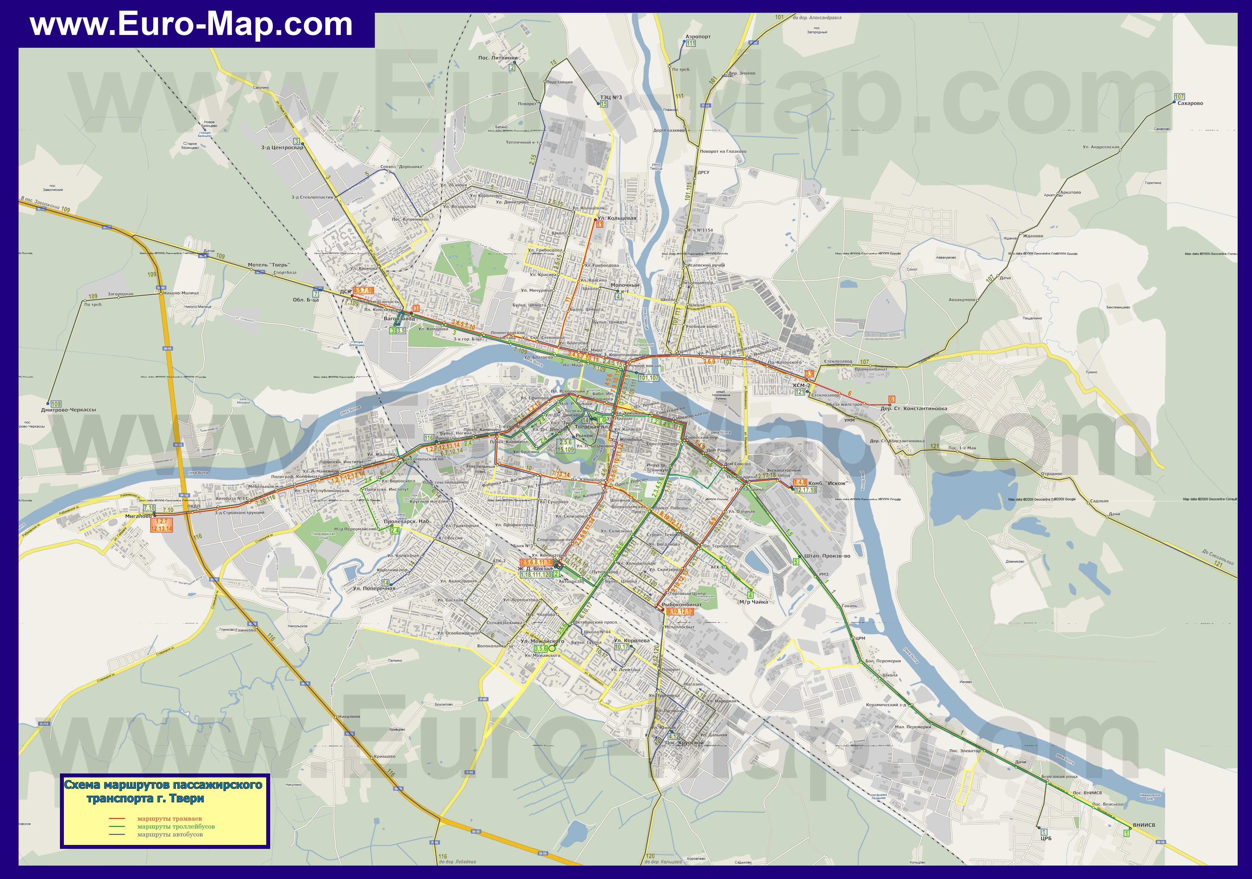 Карта Твери с улицами и маршрутами транспорта 