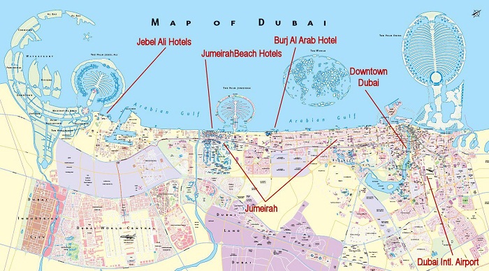 Дубай, карта города с отелями. 