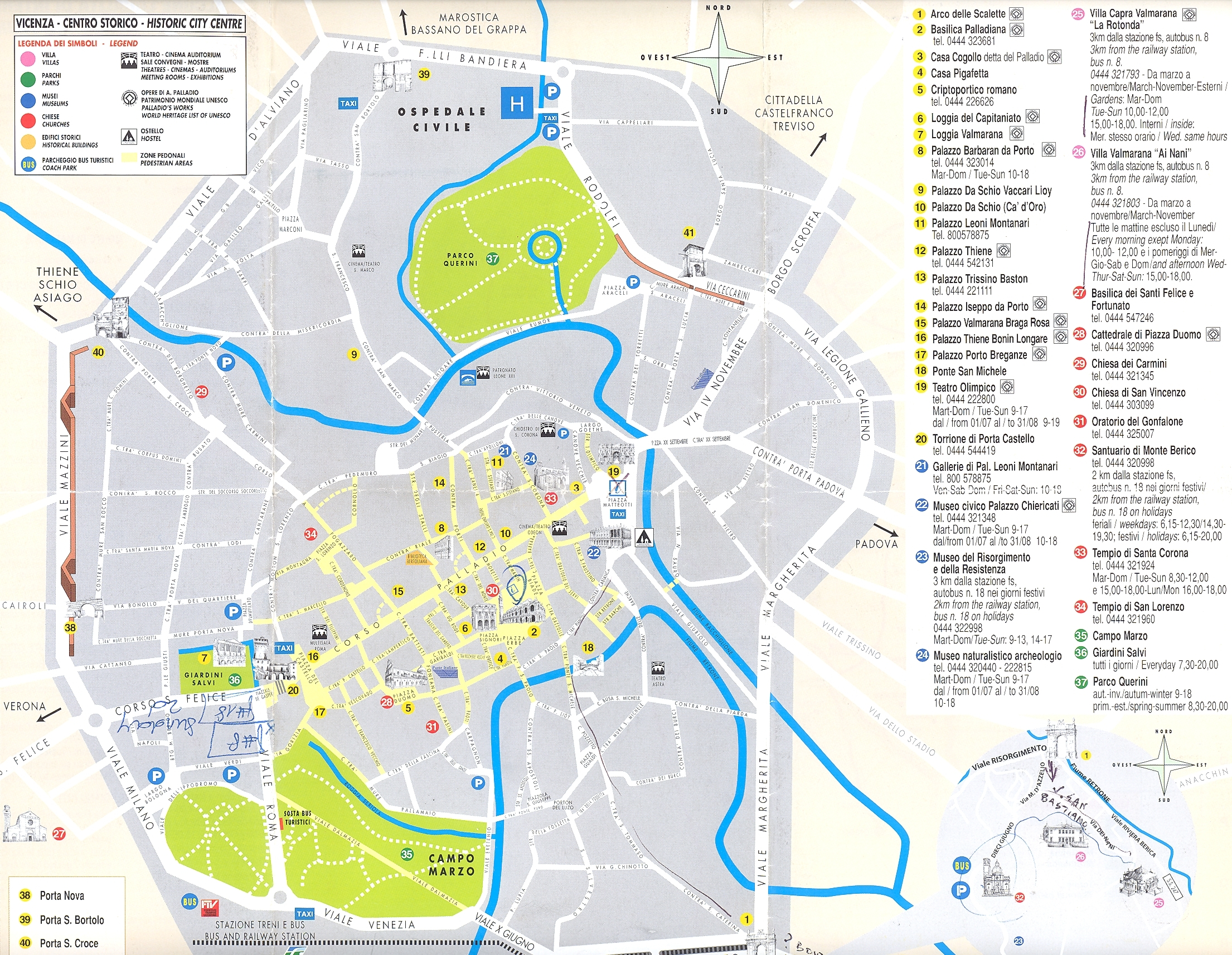 Виченца (Vicenza), регион Венето, Италия - достопримечательности, подробная карта города