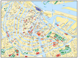 Большая карта дорог центральной части г. Амстердам с названиями улиц.