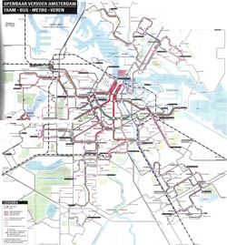 В высоком разрешении подробная карта движения трамваев, автобусов и метро Амстердама.