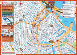 Большая карта основных туристических достопримечательностей центральной части Амстердама.