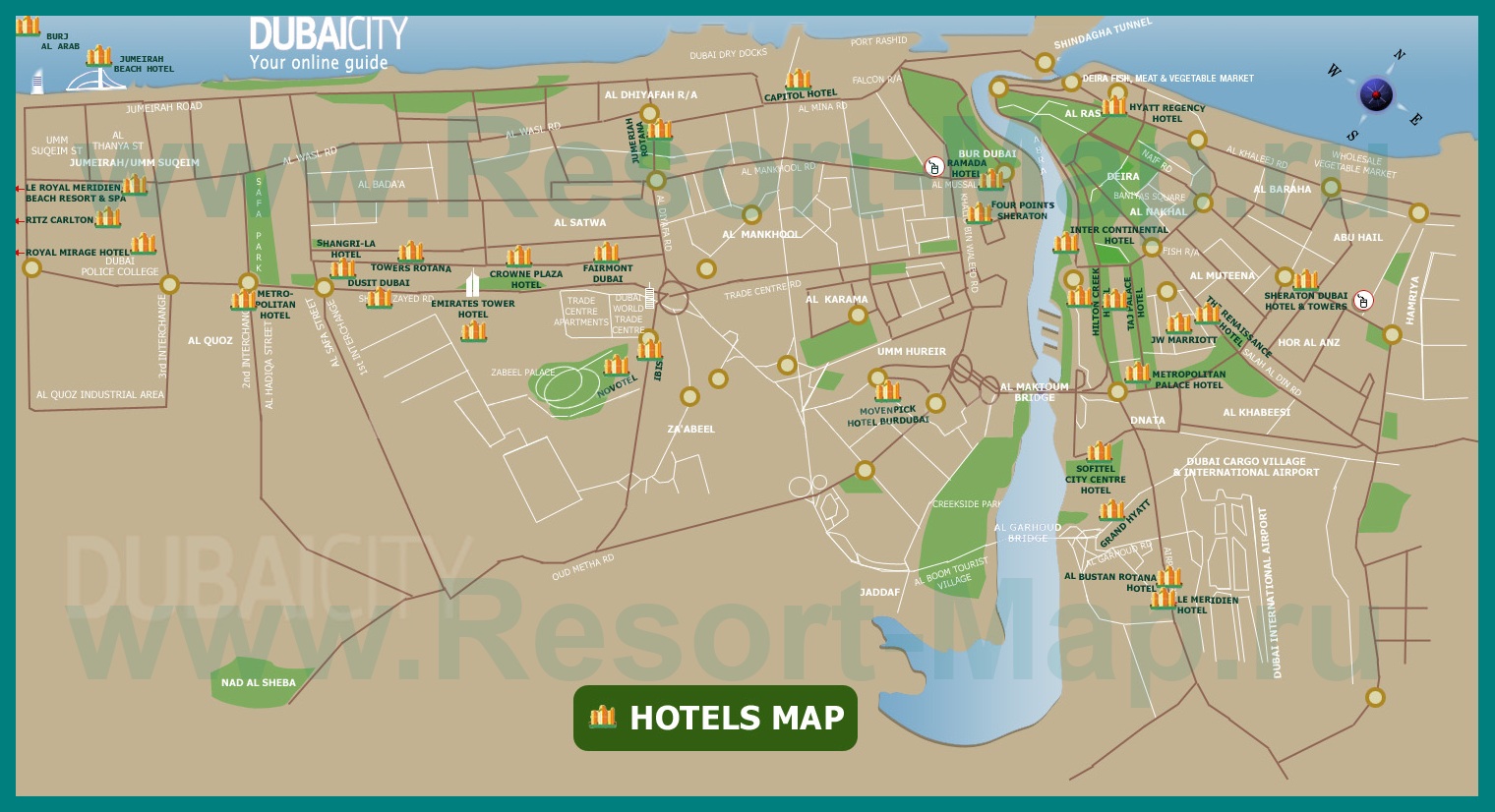 Карта Дубая (ОАЭ) с отелями и районами