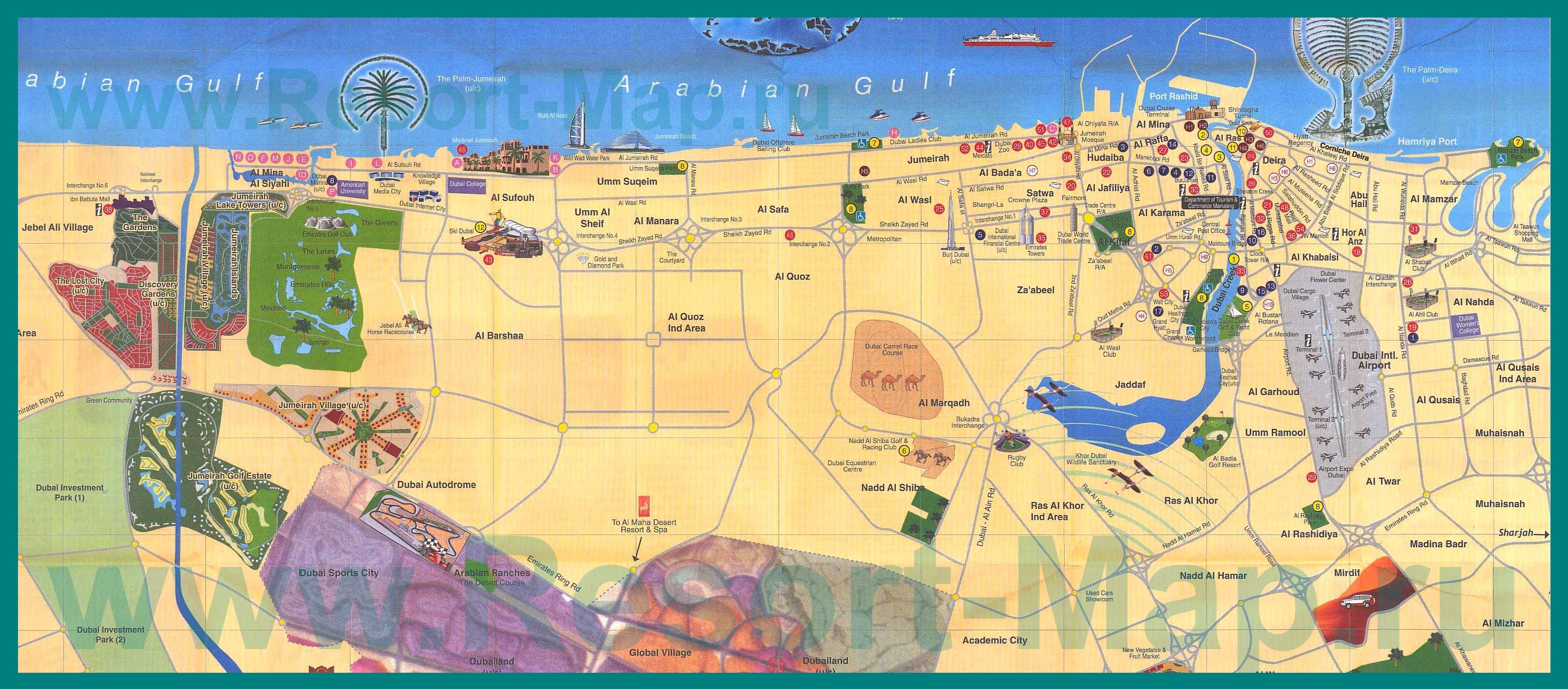 Подробная карта Дубая (ОАЭ) с достопримечательностями