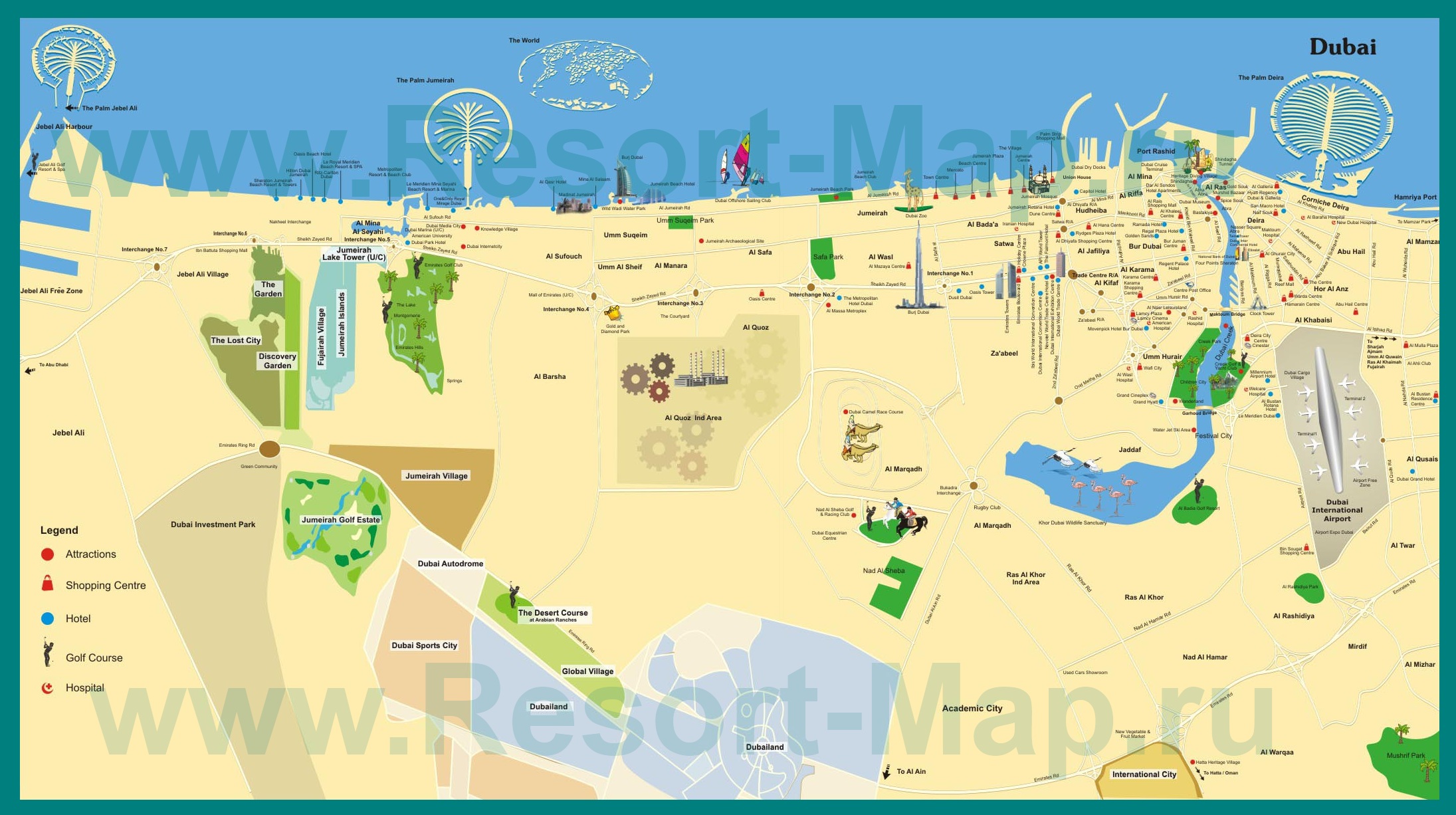 Туристическая карта Дубая (ОАЭ) с отелями и достопримечательностями