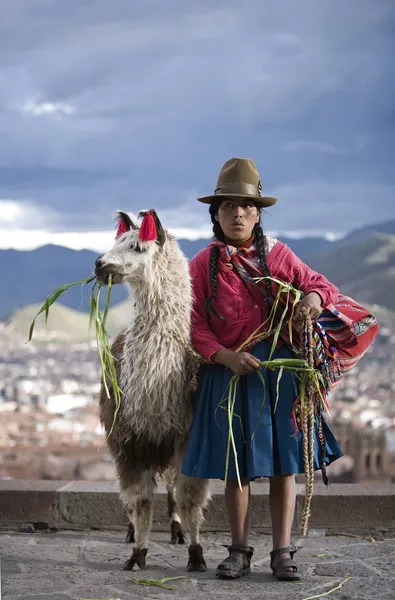 Перуанская женщина с ее Лам (lama glama), Куско, Перу — стоковое фото