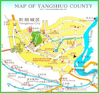Живописно раскинувшийся среди известняковых скал над водами реки Лицзян город Яншо - карта города с достопримечательностями
