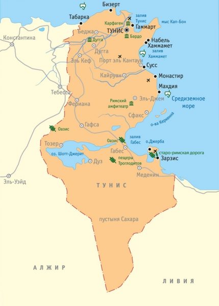 Карта Туниса с основными городами