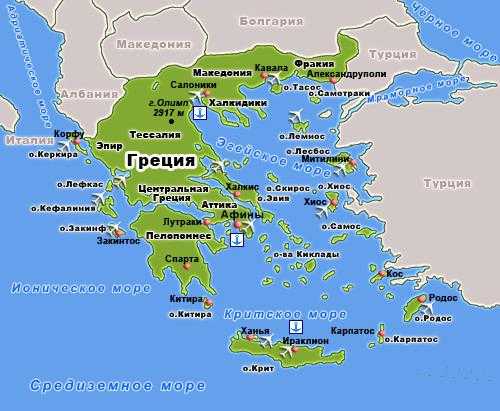 Греция карта на русском с пляжами и достопримечательностями